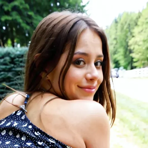 19 years old girl riding in doggy style on bicycle, smiling, view from behind, short dress, butt up, head and shoulders 