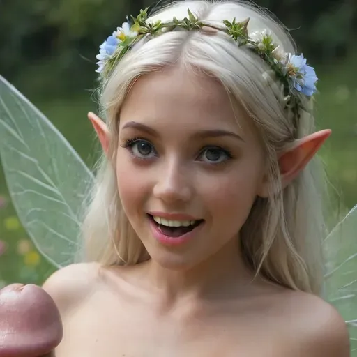 Skinny small female fairy, short fairy, flower meadow, (open sunny field), extremely huge penis, (((huge penis is thicke