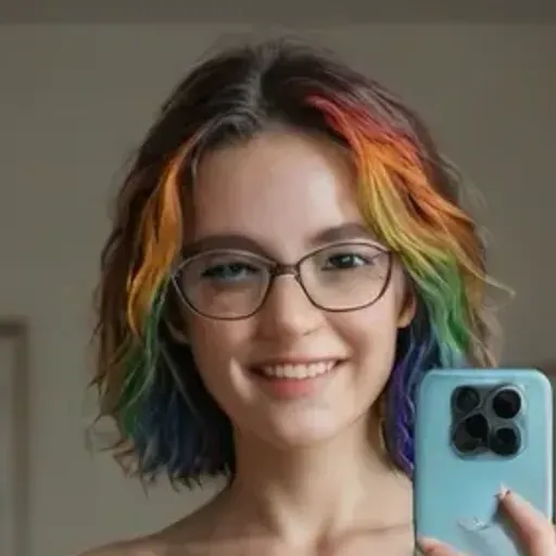 25 year old woman, feminine features. Breast size cup A, rainbow hair, freckles, smile, best quality, photorealism, mast