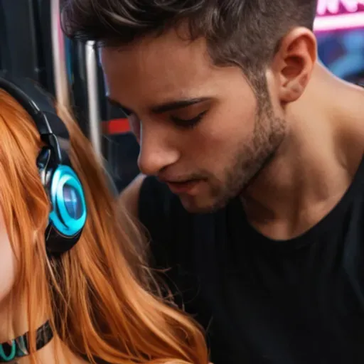 In crowded bus, neon light, a girl dancing between many men, being undressed, open blazer, mesh tank top, no panties, ed