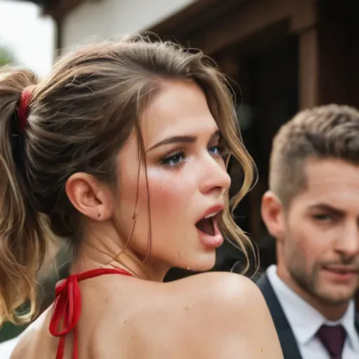 Outdoor, waitress, dancing between two men, holding tray of beverages, big ass.she is bending forward, her arms on a tab
