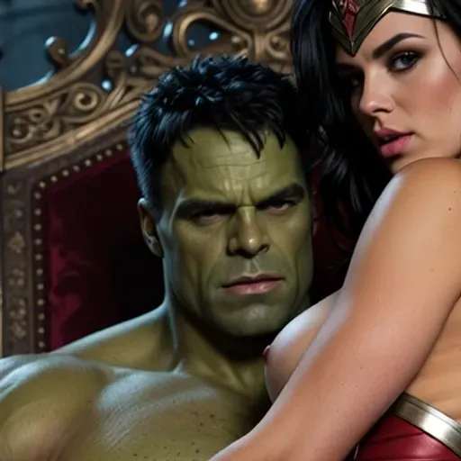(The incredible hulk, green hulk, sitting on a throne, strong, muscular, veiny penis, riped jean pants), (wonder woman w