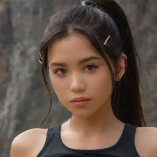Petite 18- year old Asian girl, Filipino, Taiwanese, wearing a crop top tank top, lots of sexy body tattoos, wearing bla