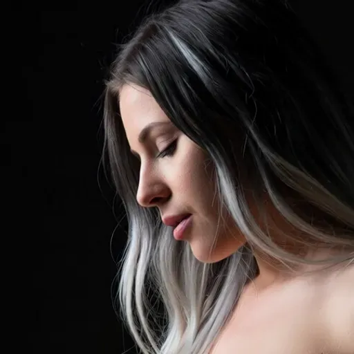An intimate side profile of a slender woman with a huge pregnant belly, (long snowy wblack hair, loose strands of hair f