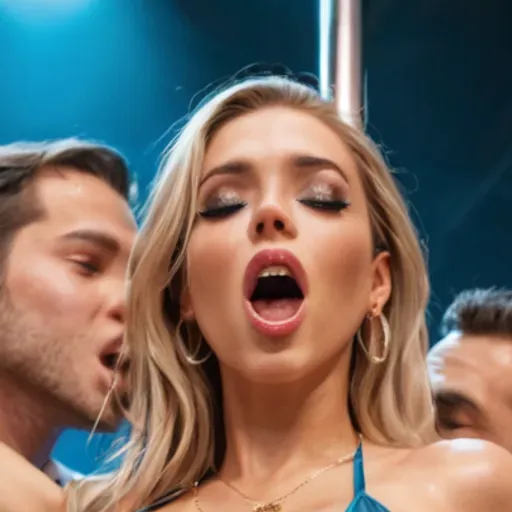 Nightclub, pole dancer, between two men.she, big ass, struggling, bending her knees, super tight transparent slingshot b