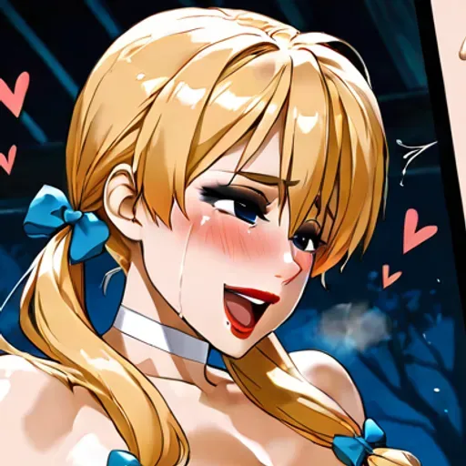 side view, close-up view, lewd position, cute young woman, long pig-tails hair, blond hair, hair bows, curvy body, rosy 