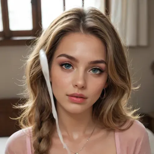 (Realistic Reiq style:.8), (Hetero 1woman, 1man, adult face, POV), Busty young woman. Dressed in a loose pink top and mi