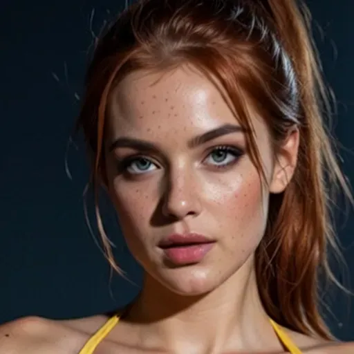 score_9, score_8_up, score_7_up, 1 girl, (33 years old French MILF redhead ponytail), tan lines on body, wearing a yello