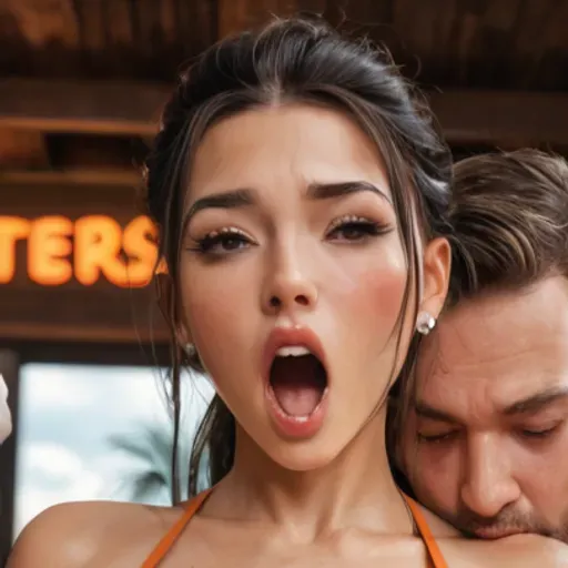 Beach house, hooters waitress, between two men.she is bending forward, big ass, holding beers, struggling, orange super 