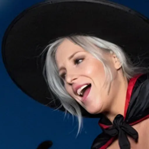 Super curvy chubby mature gray haired happy witch with 44J-cup boobs is bent over, astride a flying broom and flying ove