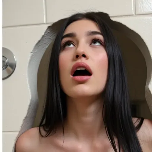 (side-by-side, two pictures), (young:2.1), wall of glory in school toilet, glory wall, on left picture skinny girl with 