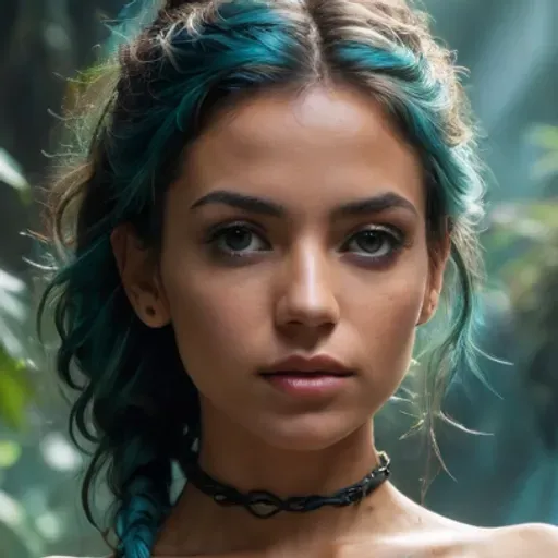 Highly detailed Dynamic shot of texture skin adorable spanish model, (naked), dark braided teal ponytail, darker tanned 