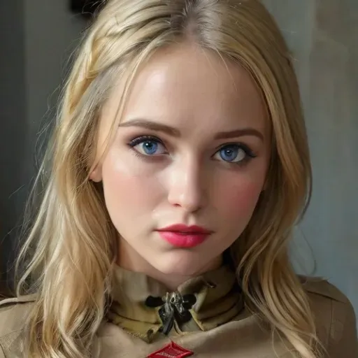 Soviet sniper woman od II World.Wr, Full Body, Full view, blonde hair, Blue eyes, red lip stock, Glamour make-up, on bat